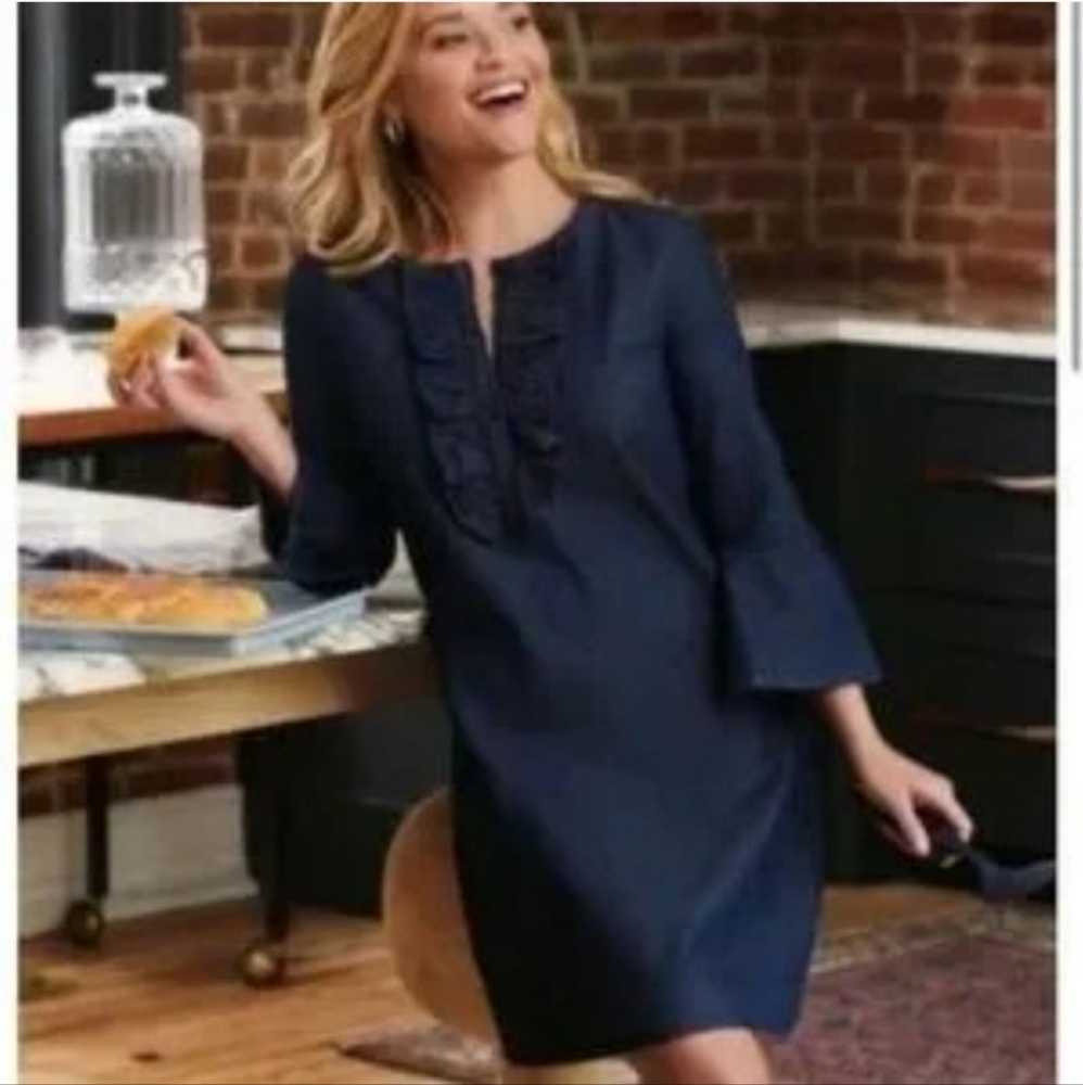 Draper James Dark Wash Chambray Denim Cotton Ruffle Shift Dress - 6 - Picture 12 of 12